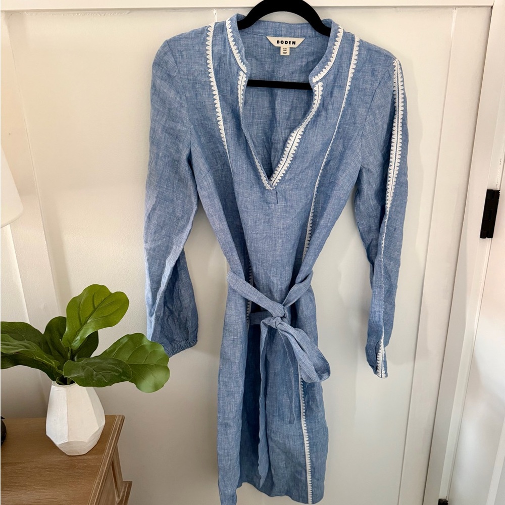 Boden Cleo Linen Tie Waist Dress Chambray Embroidery – Size US 6L – NWOT